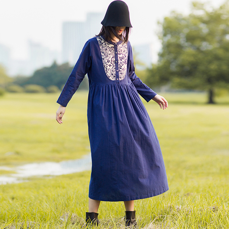 チャイナ風ワンピース ロング丈ワンピース 改良唐装 改良漢服 チャイナ風服 中華服 民族風 レトロ ラウンドネック 長袖 フリーサイズ 普段着 ゆったり 棉麻ワンピース ブルー 青い Dresszone