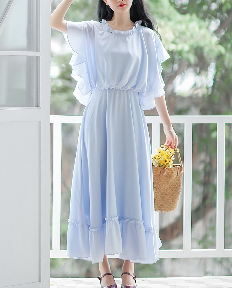 ワンピース フェミニン ワンピース ロング丈 フレアスリーブ きれいめ 清楚 ガーリー 大人可愛い O P