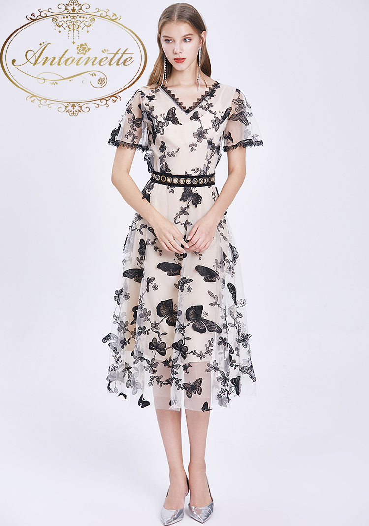 蝶々 ワンピース 大人 レディース Butterfly Ladies Black White One Piece Party Summer Night Eveningdress Antoinette