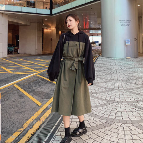 トレンチ ワンピース 切り替えワンピース ロング レディース パーカー ウエスト リボン ボリューム袖 ゆったり きれいめ カジュアル 春 プチプラレディースファッション通販 Yboueki