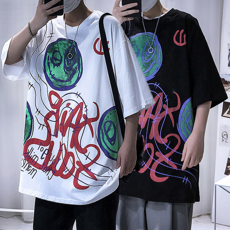 韓国ファッション Tシャツ ユニセックス 半袖 Tシャツ メンズ レディース 落書き風 グラフィック プリント オーバーサイズ 大きいサイズ ルーズ ストリート