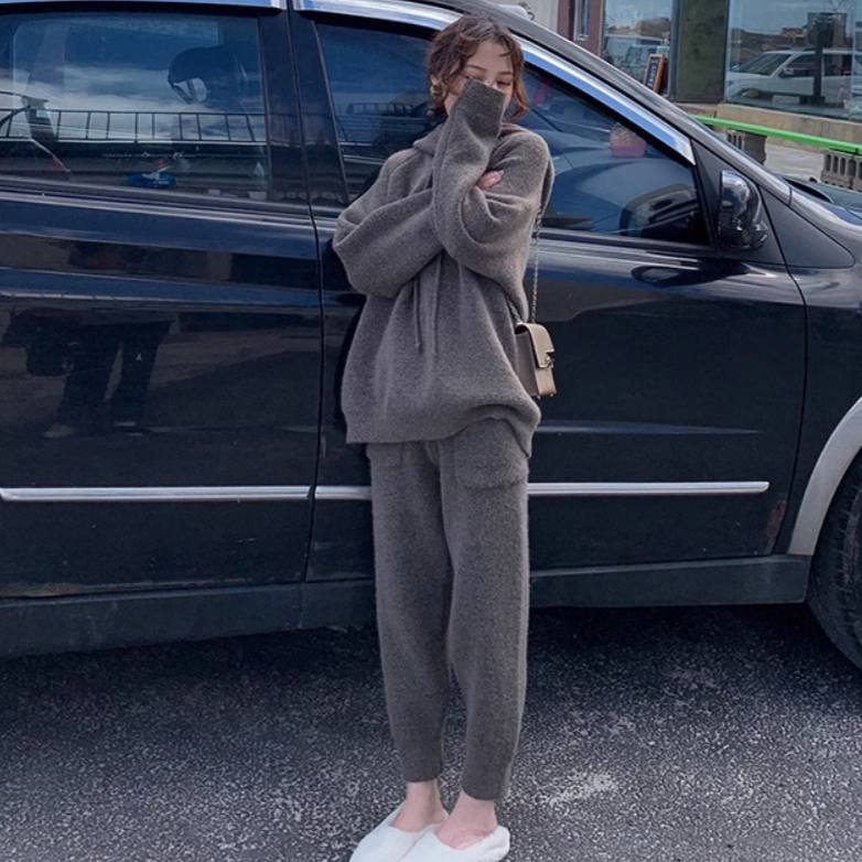 トップス パンツ 部屋着 セットアップ ストレートパンツ 長袖 Vネック フード ストレート Iライン ふわふわ ポケット ハイウエスト 伸縮性 ニット 大人可愛い きれいめ シンプル カジュアル