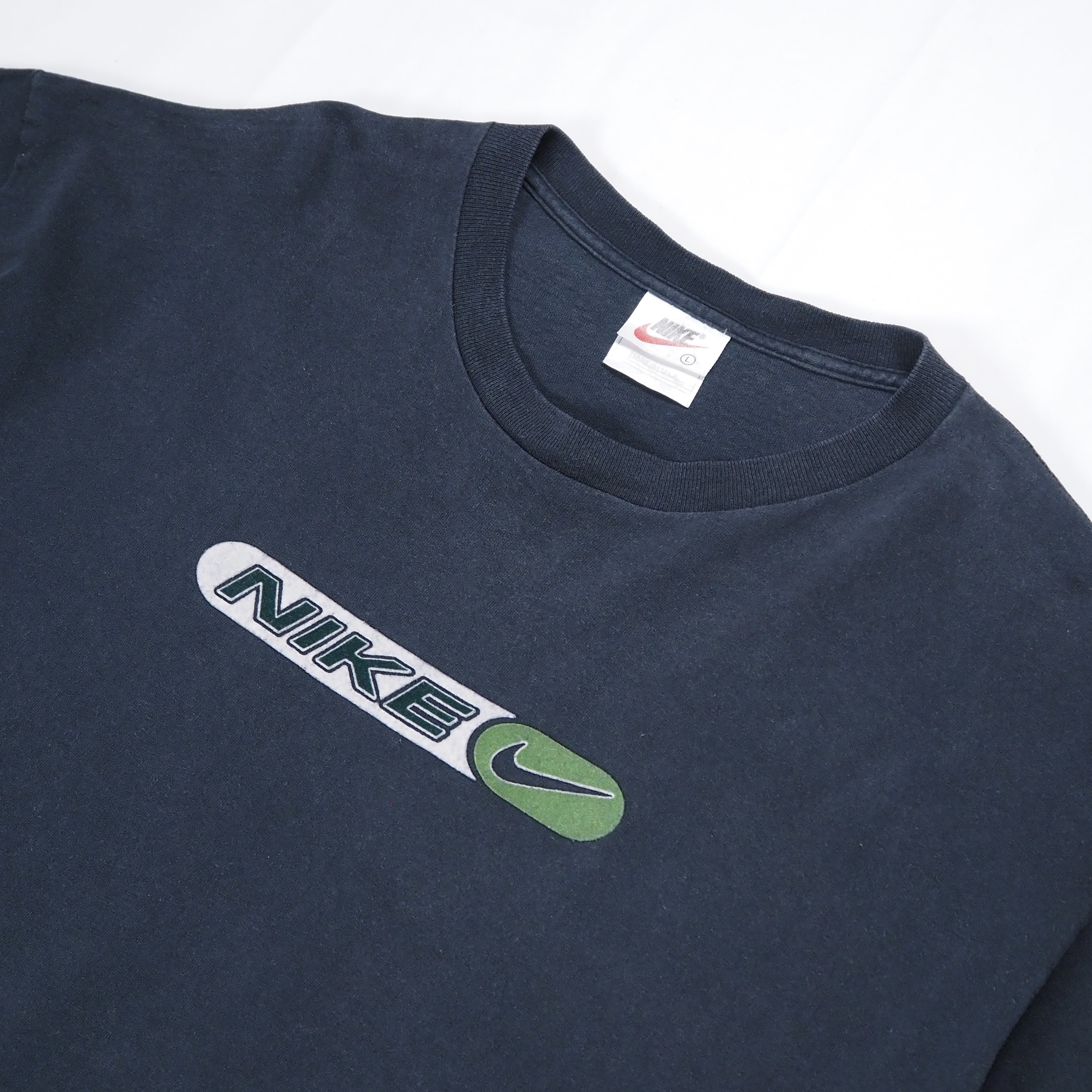 90’s-00’s NIKE フロッキープリントロゴTシャツ ネイビー Lサイズ の画像 6