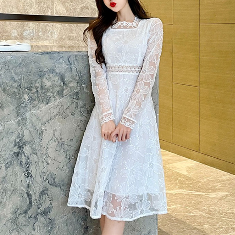 ワンピース おしゃれ スクエアネック エレガント 長袖 Aライン 白 パフスリーブ レース ホワイト M L Dresszone
