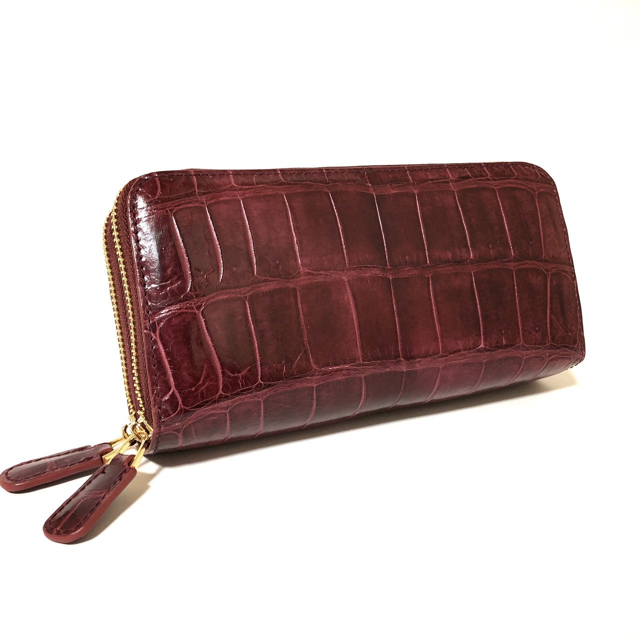クロコダイル 長財布 本革 センター取り 肚ワニ ダブルファスナー Winered ワインレッド Gyps Flat