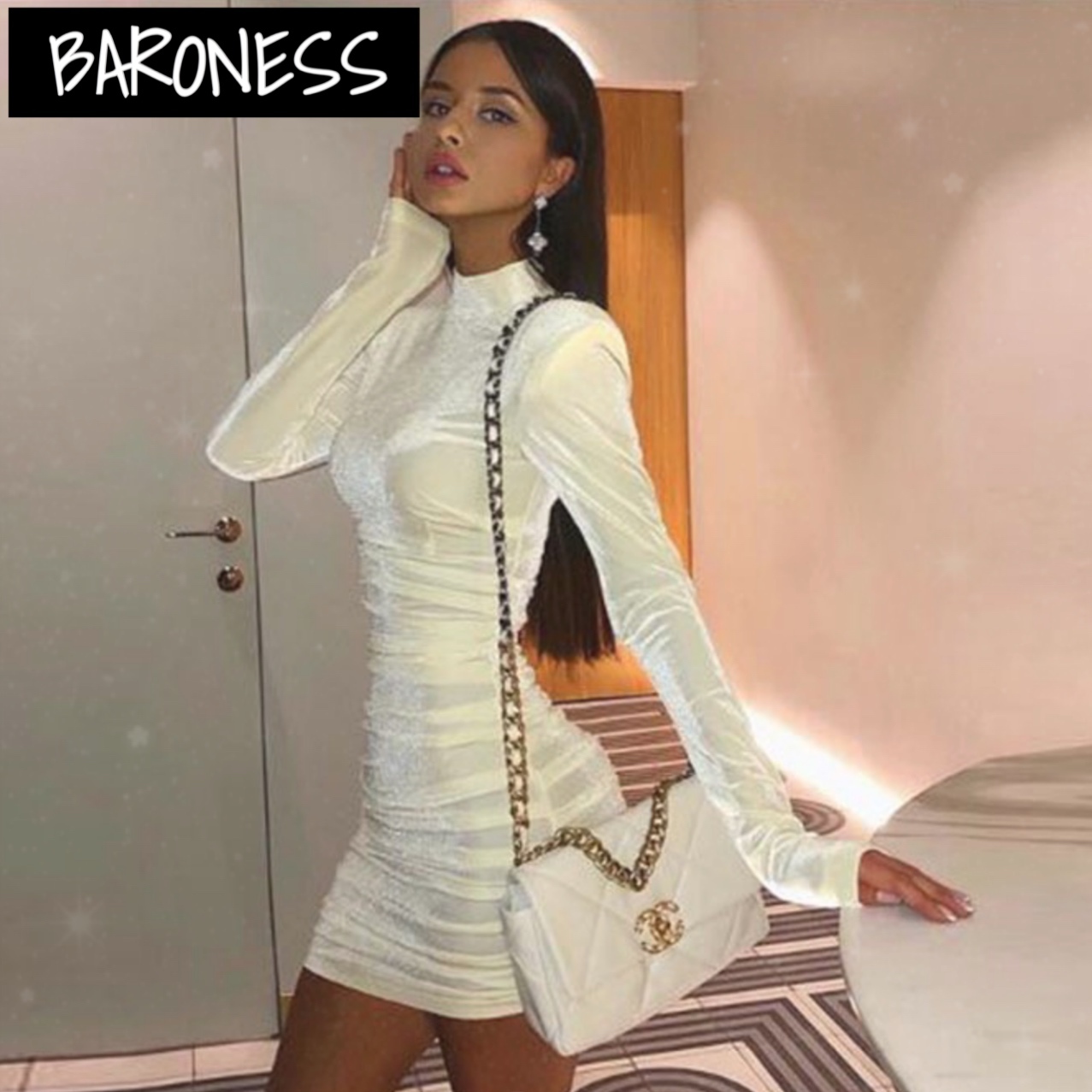 送料無料 4色 ワンピース ドレス ハイネック 長袖 ショート タイト セクシー 海外 秋 冬 アイボリー ブラック ブルー ホワイト Baroness