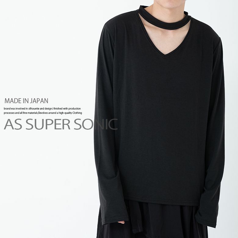 カットソー チョーカーデザイントップス Vネック メンズ 長袖 白 黒 As Super Sonic As Super Sonic