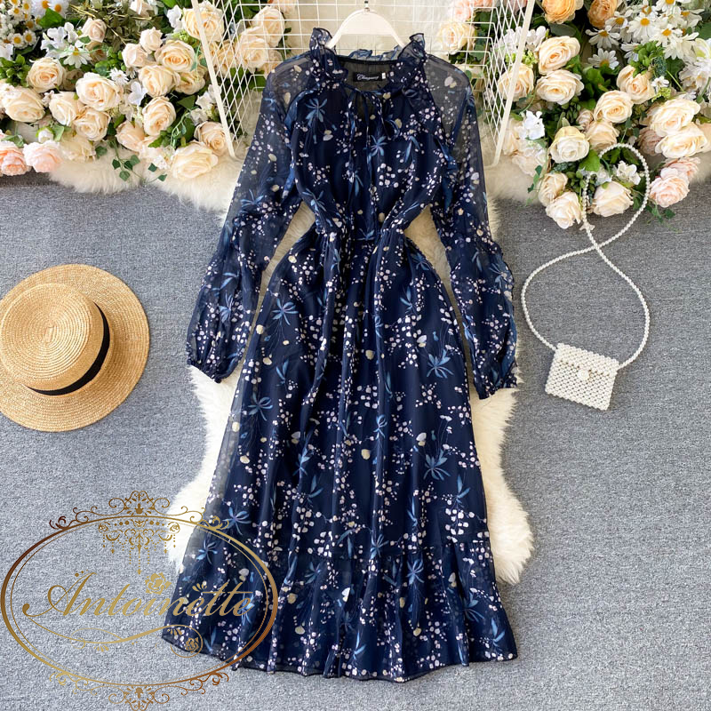 ワンピース ブルー 花柄 春 夏 レディース 小花 長袖 Woman Ladies Flower Blue Elegant One Piece Antoinette ワンピース ブルー 花柄 春 夏 レディース 小花 長袖 Woman Ladies Flower Blue Elegant One Piece Antoinette