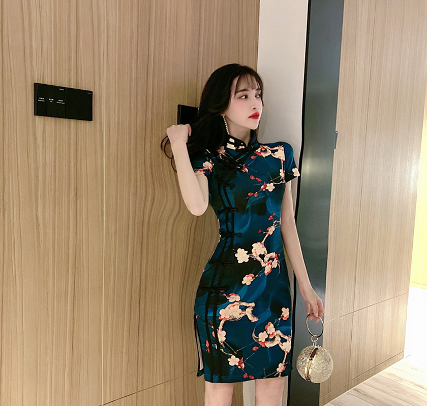 ミニチャイナドレス チャイナ風ワンピース 中華服 S M L ブルー 青い レトロ セレブ気質 Elegant