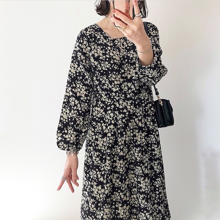 レトロ花柄ワンピース 1カラー 2サイズ Haneul ハヌル