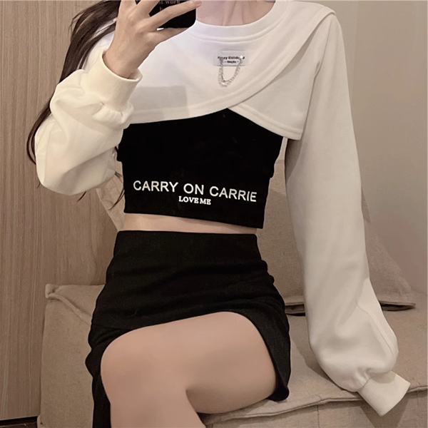 ３色展開 シックな香港スタイルのベスト レディース トップス ロンT カットソー セーター ベスト キャミソール Tシャツ ショート クロップド丈 長袖 ラグラン ラウンドネック カシュクール 細身