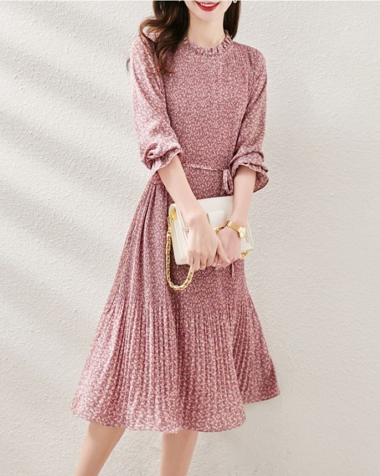 特価買取 ワンピース ラウンドカラー レディース 長袖 花柄 ラウンドカラー ピンク 桃 ワンピ 可愛い 直販ネット Ssl Daikyogo Or Jp