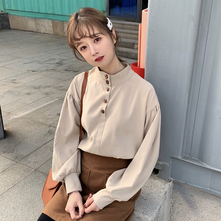 送料無料 レトロガール スタンドカラー パフスリーブ ブラウス