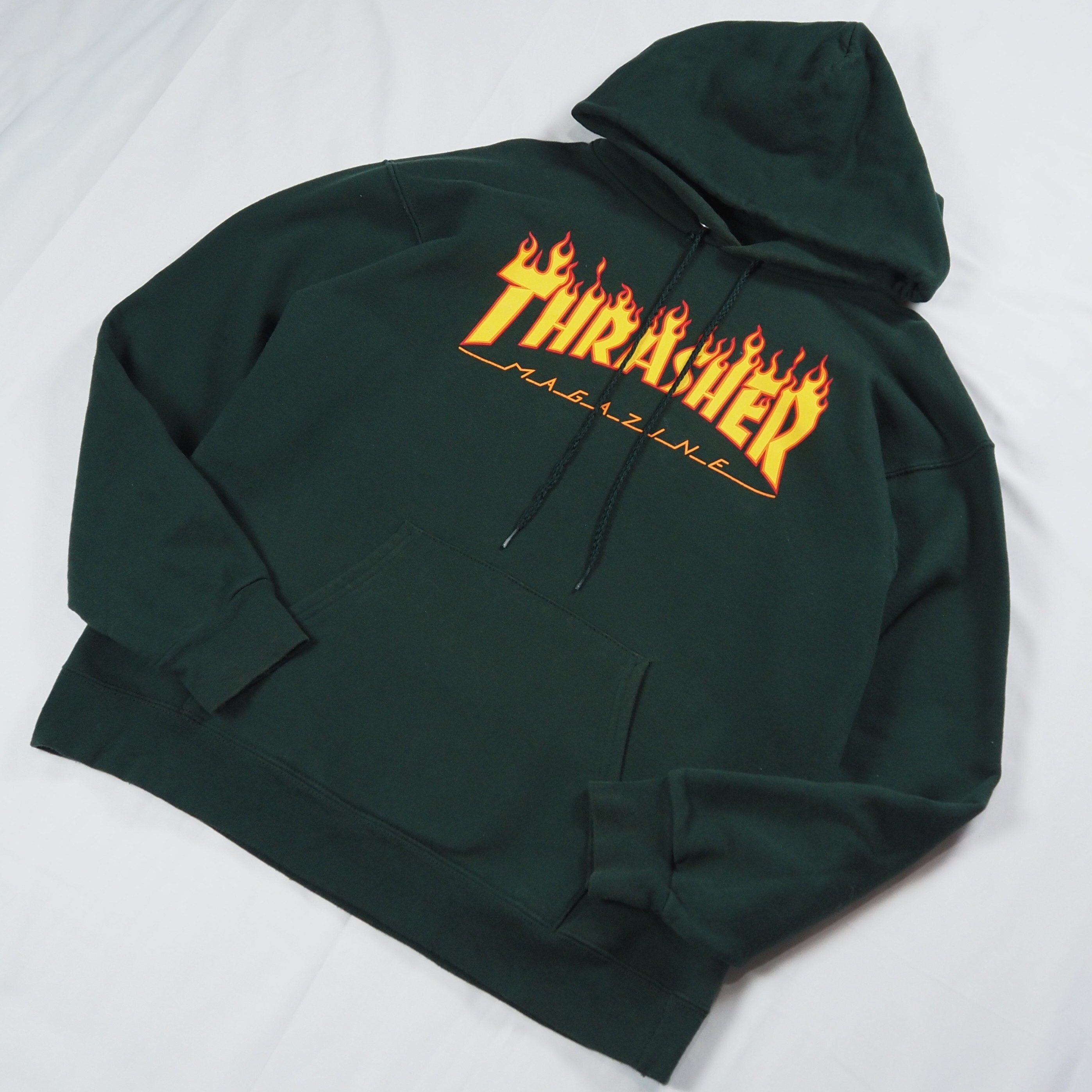 00's Thrasher フーディ フレイムロゴ グリーン Sサイズ の画像 3
