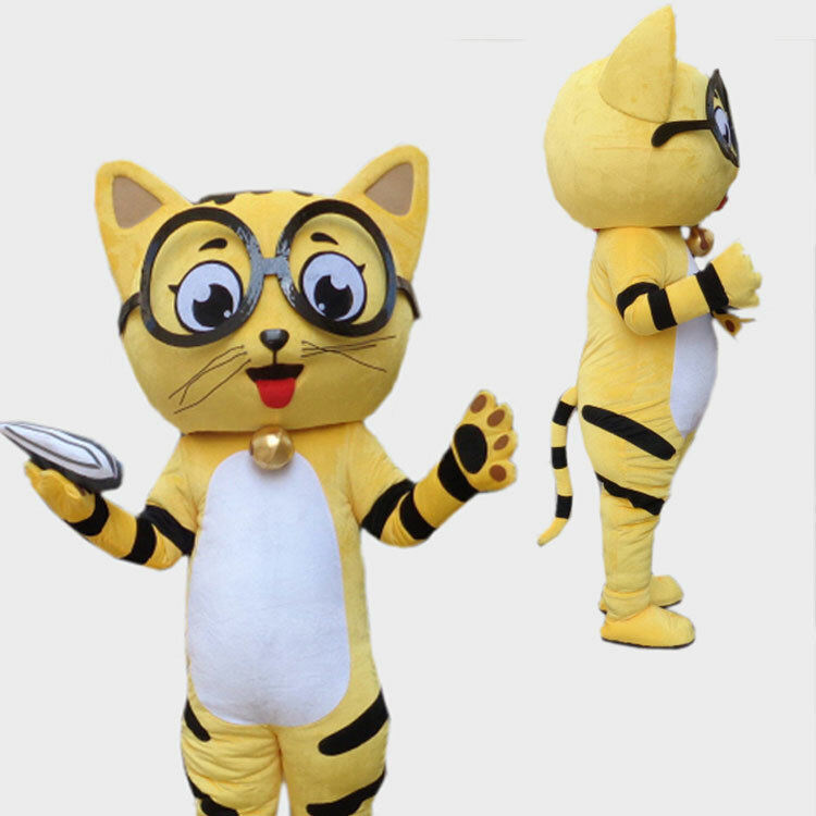 本格的着ぐるみ メガネ猫 ねこ 大人用 イェロー 黄色い ネコ きぐるみ 3頭身タイプ 格安 良質 のぞき可 オーダーメイド コスプレ イベント用品 遊園地 お子様 大喜び 集客 客寄せ 催事 Mooncat