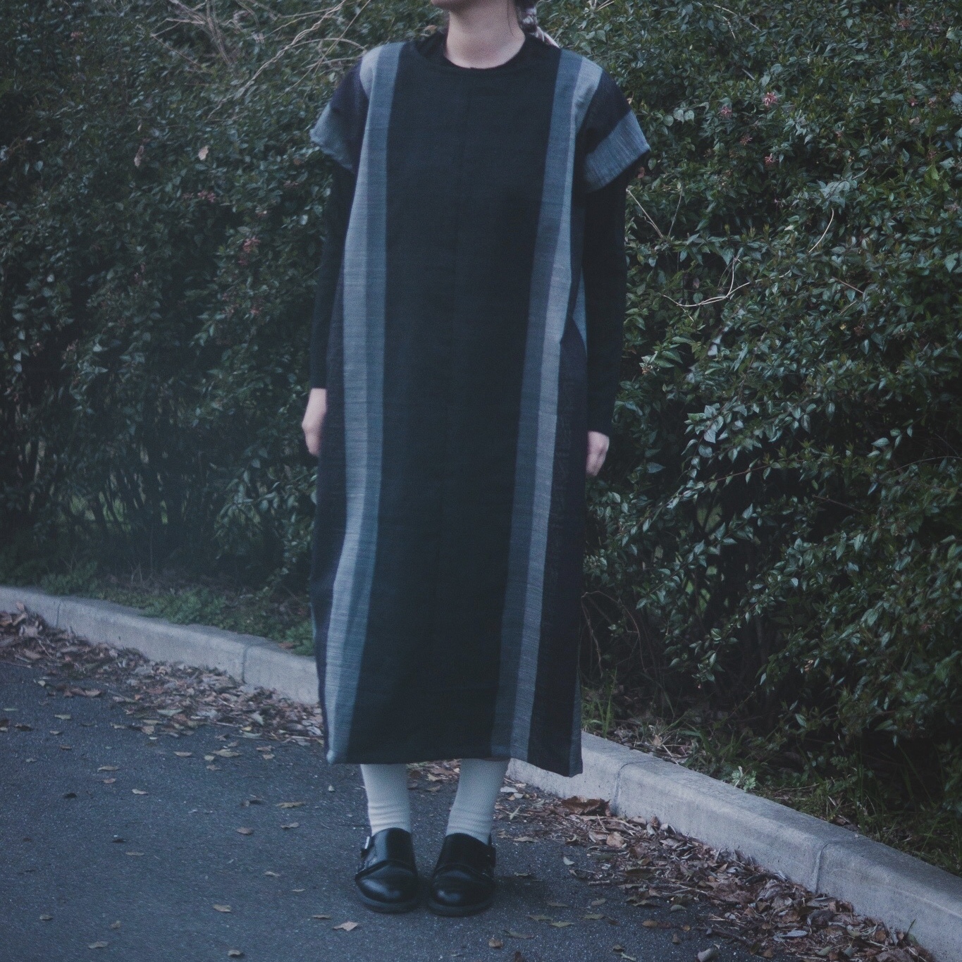 Kimono Round Neck One Piece ラウンドネックワンピース 着物リメイク 木綿 モノトーン ストライプ 紬 Acote