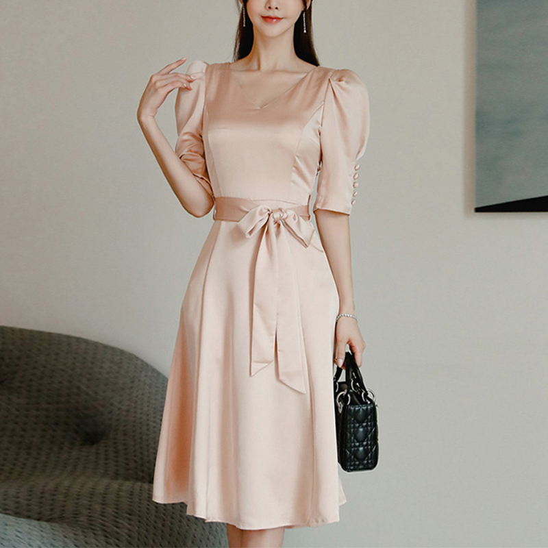 ワンピース Ol 通勤 フォーマル Aライン Vネック ボウタイ エレガント 韓国系 半袖 ピンク S M L Ll Dresszone