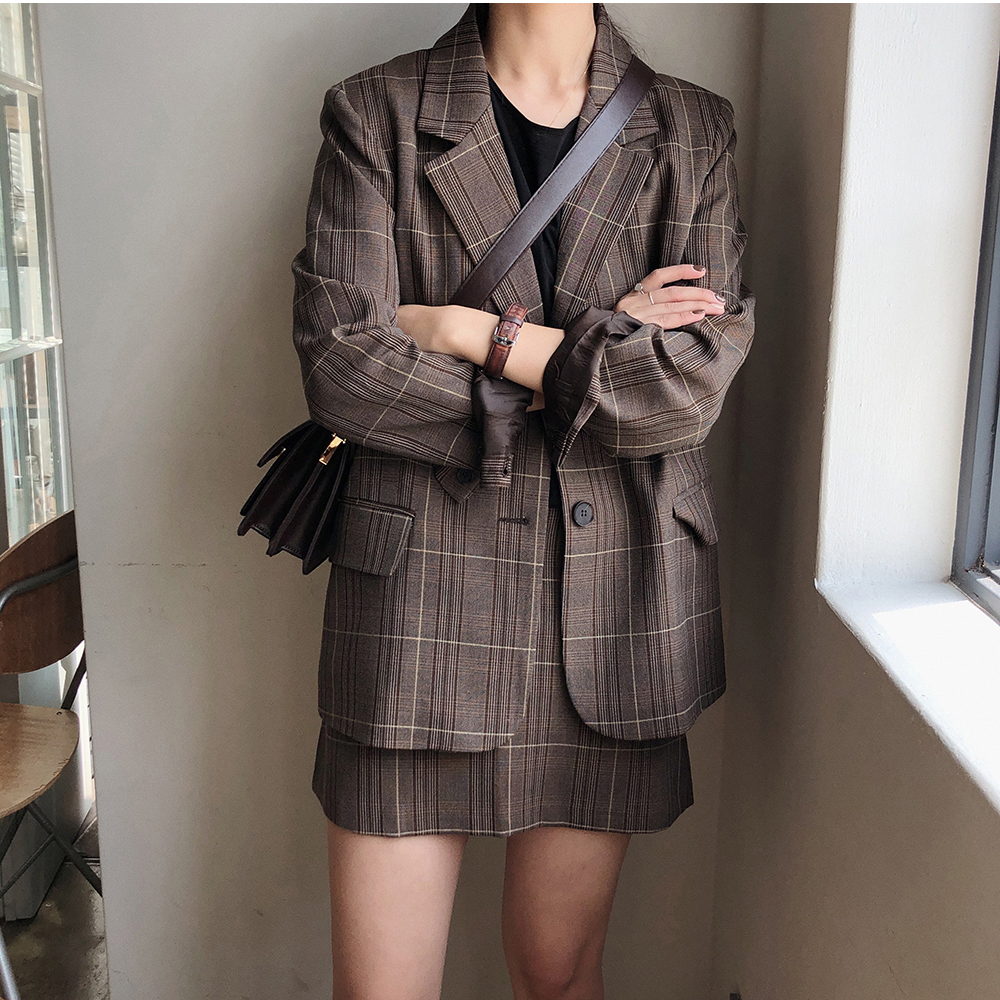 ブラウンチェックセットアップ 韓国ファッション通販 Nosweat