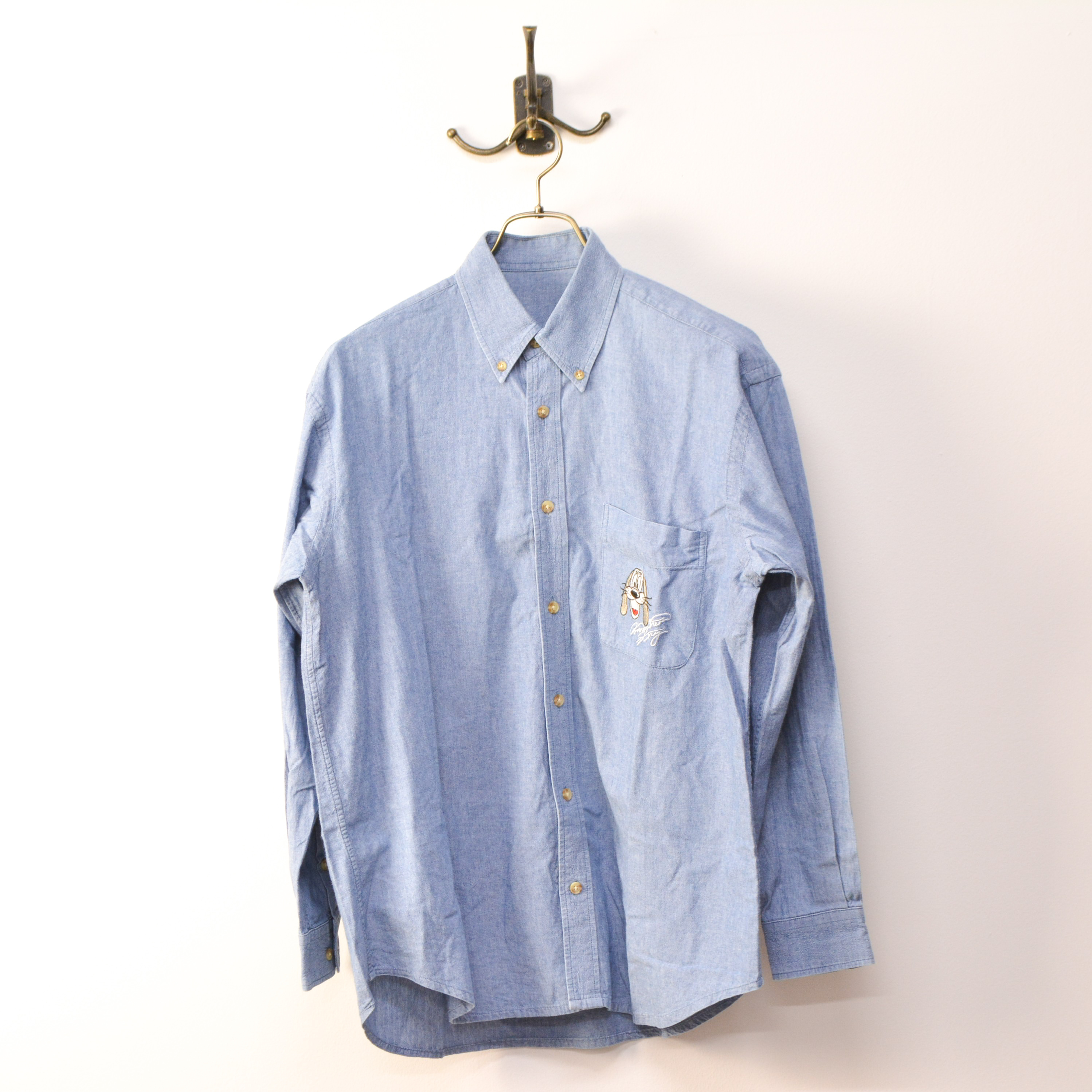 古着 メンズ 長袖 ロングスリーブ ワンポイント 犬 デニムシャツ