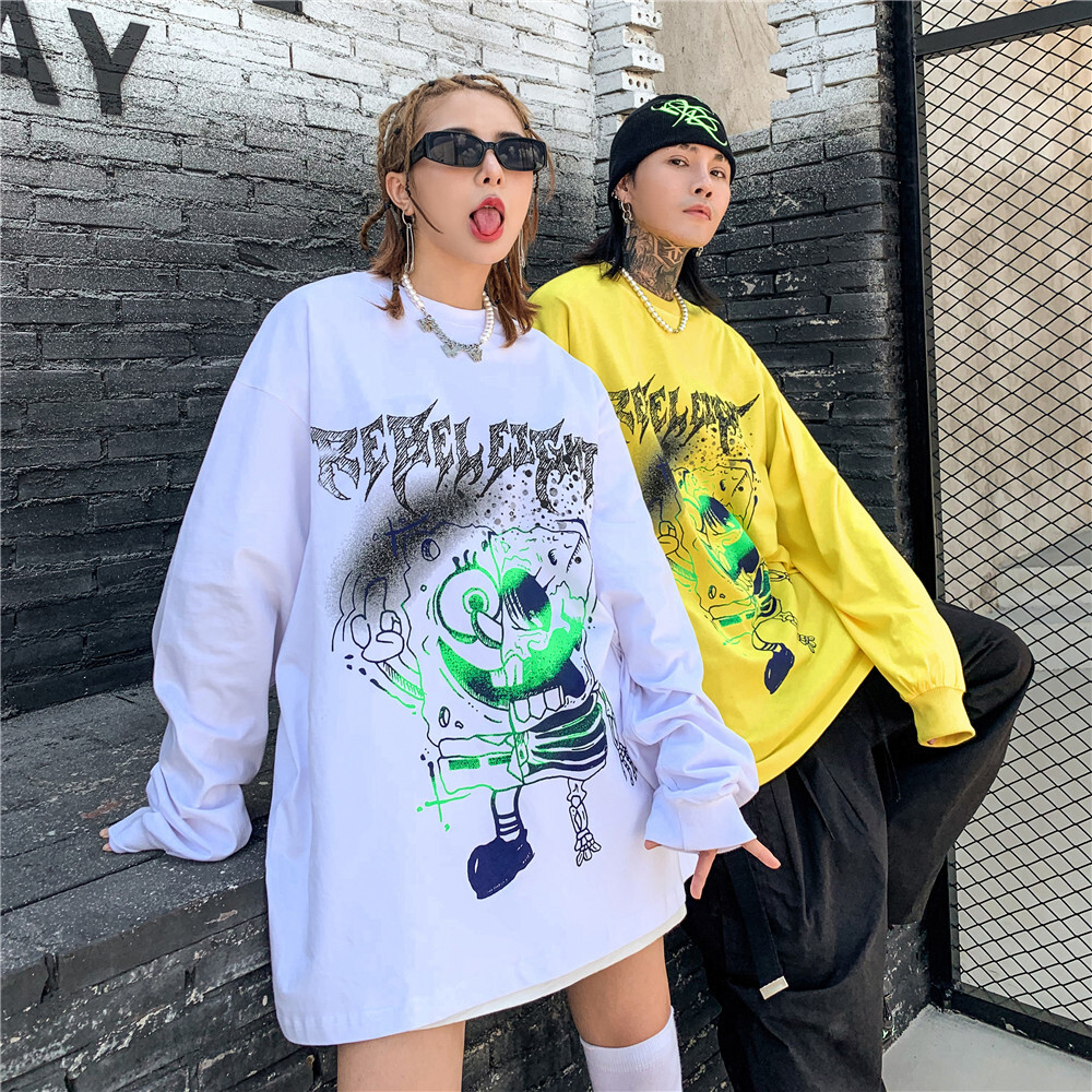 スポンジボブ プリント パロディ ロンt ホワイト 白 M L Xl 2xl ストリートファッション 韓国ファッション 男女兼用 秋冬 トレンド オーバーサイズ 原宿 Downtown ストリート系ファッション通販