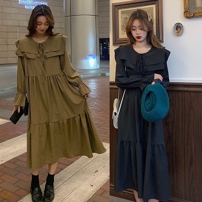 ワンピース 長袖 秋冬 秋 冬 ミリタリー トレンチ ギャザー ベルスリーブ パフスリーブ ゆったり 体型カバー カーキ ブラック 無地 プチプラレディースファッション通販 Yboueki