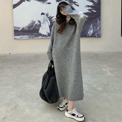 ワンピース ニット あったか Vネック フード ブラック 体型カバー ゆったり 楽ちん モノトーン カジュアル 部屋着 ルームウェア ロング プチプラレディースファッション通販 Yboueki