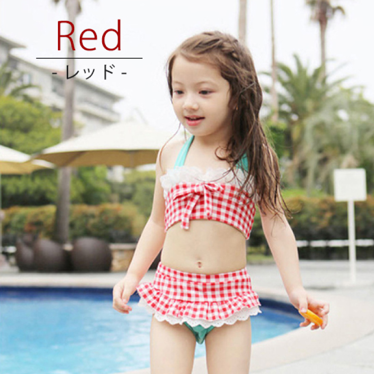 水着 セパレート 3点セット ギンガムチャック柄 韓国子供水着 90 130 Q Toworld キュートワールド 子供 服 メール便は何点でも送料の合計は280円