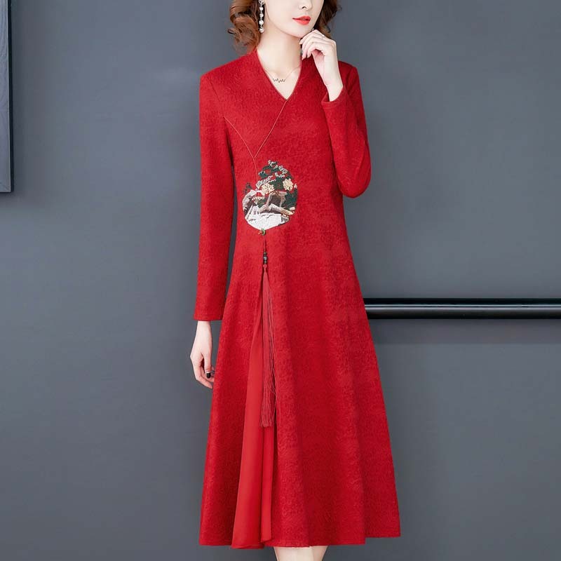 チャイナ風ワンピース チャイナドレス ロングワンピース 女子会 同窓会 パーティー 通勤 秋冬着 Vネック 長袖 S M L Ll 3l レッド 赤い 気質が良い Aライン 民族風 ラシャ Dresszone
