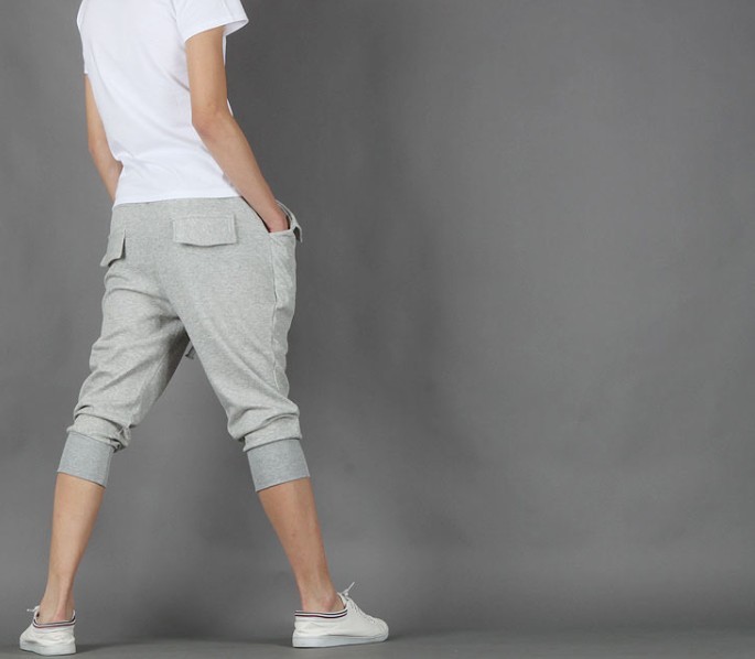 メンズ スウェット パンツ ７分丈 ボタン付き ハーフパンツ サルエル パンツ スポーツウェア ジム ヨガ ダンス 部屋着 ルームウェア グレー Lサイズ オーバーフラッグ