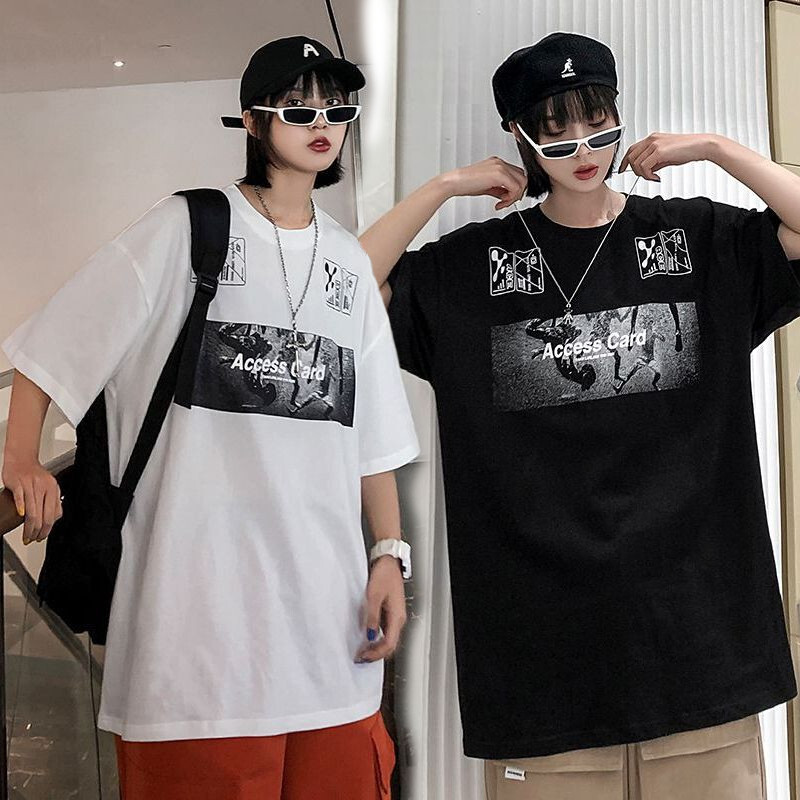 韓国ファッション Tシャツ ユニセックス 半袖 Tシャツ メンズ レディース Access Card 英字 プリント オーバーサイズ 大きいサイズ ルーズ ストリート