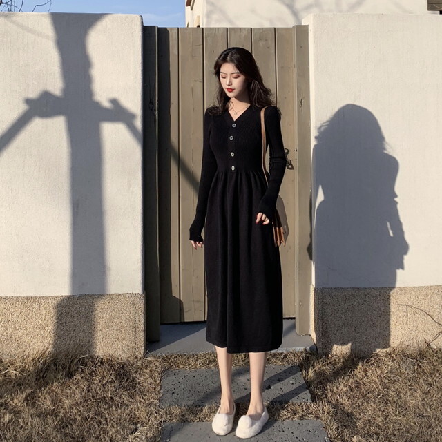 大きいサイズのレディース 秋冬新作 ワンピース 大きい ニットワンピース 秋冬 膝下ワンピース フレアワンピース リブニットワンピース Vネック レディース ヘンリーネック ウエスト切り替え 体型カバー ワンピース ゆったりワンピース 着痩せワンピ 無地 ブラック P6994