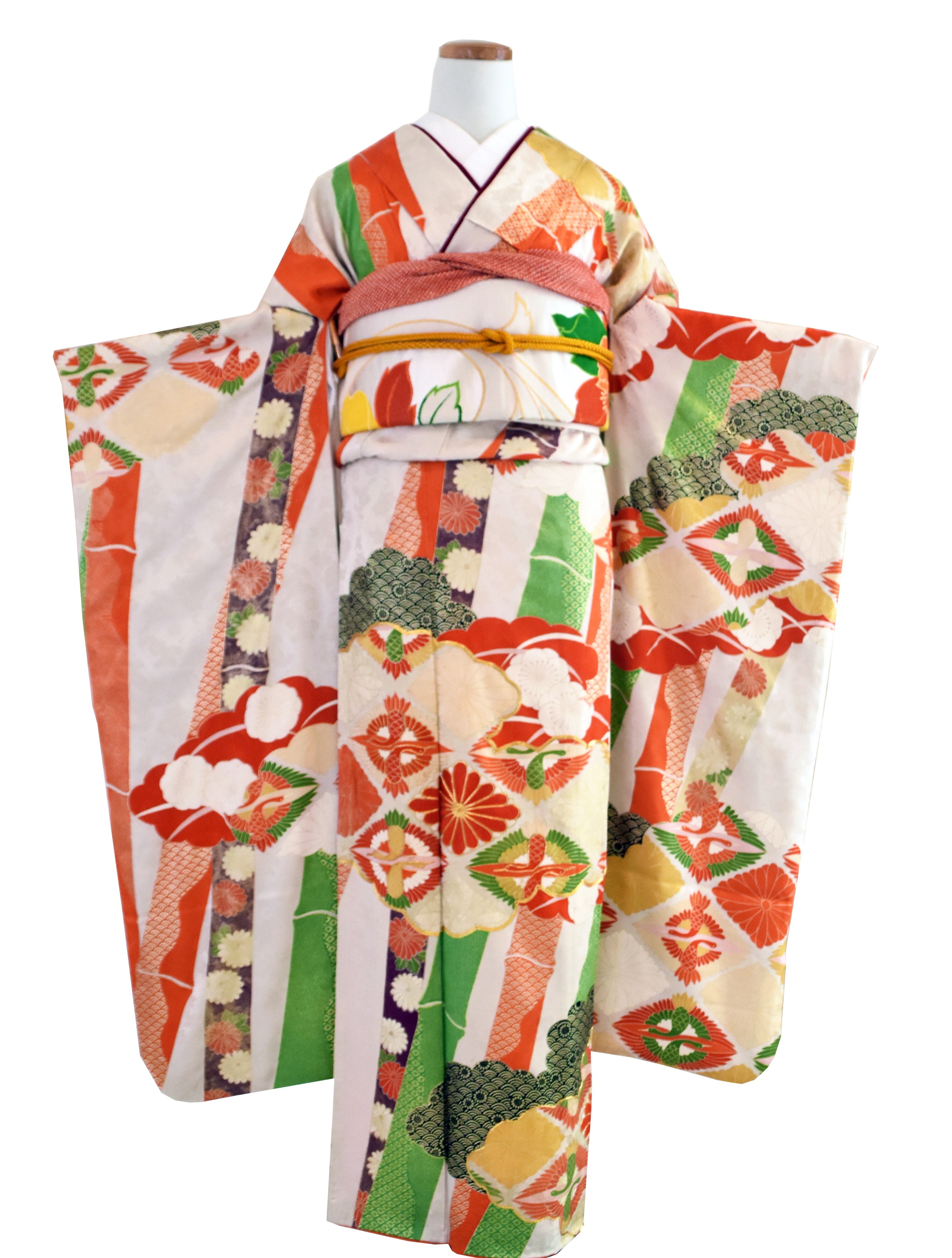 ヴィンテージ振袖 昭和初期 フルセットレンタル サイズm L Kimonofv0001 雅やかな亀甲花文様 流れるように 熨斗 Kimonoumechi