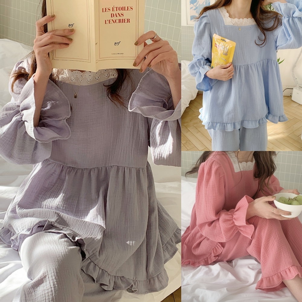 送料無料 5色 ルームウェア レディース パジャマ 上下セット レース フリル かわいい 無地 長袖 寝巻き 部屋着 おしゃれ ガーリー 薄手 春 夏 甘め 長ズボン 袖フレア ボートネック ボリューム袖 おしゃれ 可愛い 個性的 キュート カジュアル ゆったり ピンク 水色 黄色