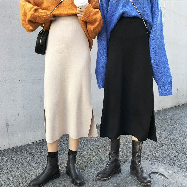 レトロ スカート ニットスカート ニット スリット入り ロング丈 秋 冬