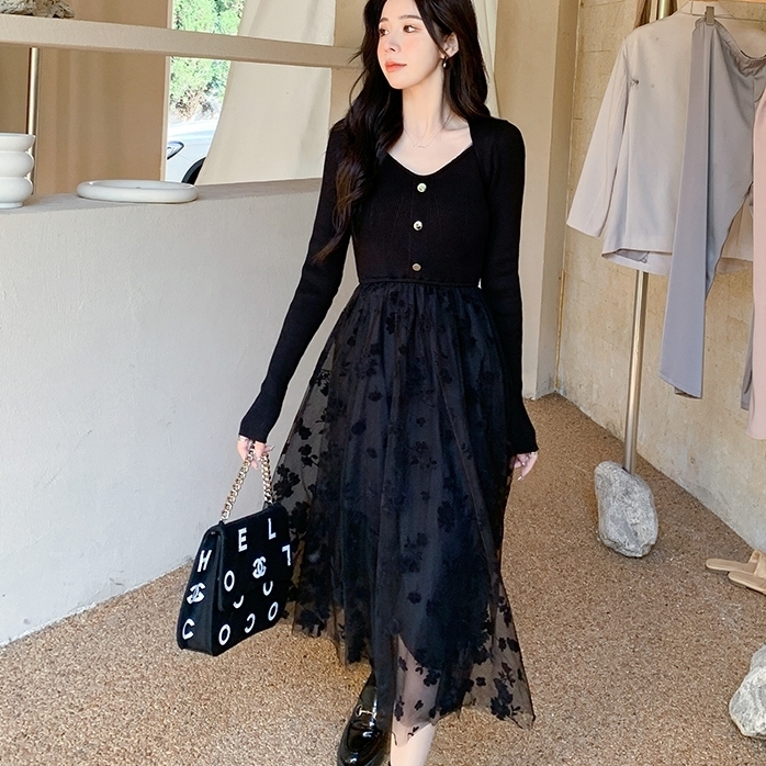 日本直営 ワンピース レディース レディース ブラック リブニット ミディア丈 レース チュール ドレス 花柄 売り出し正本 Ssl Daikyogo Or Jp