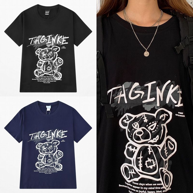 韓国ファッション Tシャツ ユニセックス Tシャツ 半袖 メンズ レディース ラウンドネック 落書き ぬいぐるみ クマちゃん ベアー プリント オーバーサイズ 大きいサイズ ルーズ ストリート