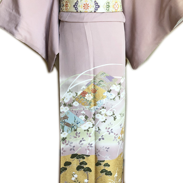 レンタル色留袖■押えた桃色地 牡丹や菖蒲金彩に松と桔梗柄■irotome4【往復送料無料】 - 画像1