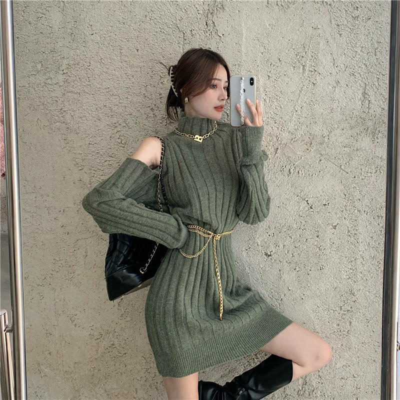 ワンピース ネックレスは含まれていません 肩あき 白 ニット 元気いっぱい 無地 セクシー 一目惚れ 膝上 タートルネック ホワイト グリーン Dresszone