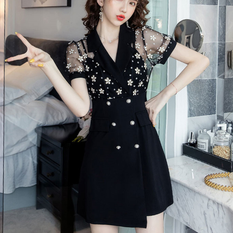 ワンピース カジュアル 一目惚れ 通勤 Aライン 黒 二重折り襟デザイン 半袖 ブラック 切り替え S M L Xl 2xl Dresszone