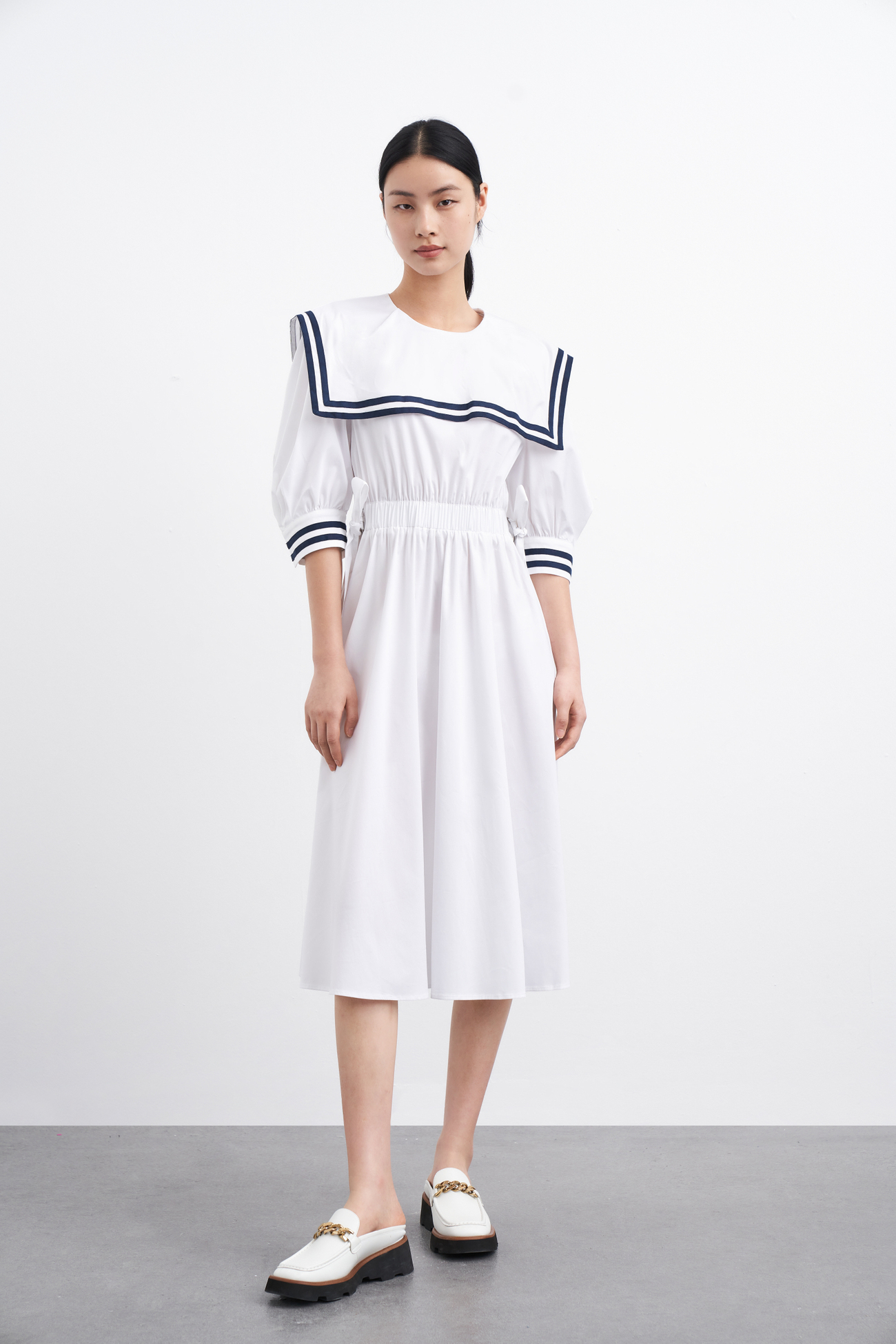 春 夏 秋 婦人服 アカデミーユース ネイビー カラー タイワンピ ボリューム ワンピース ホワイト XS S M L XL ワンピース 膝下 袖あり 半袖 かわいい 大人可愛い きれいめ シンプル