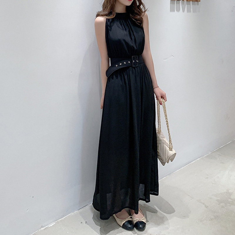 超人気 ワンピース 無地 スタンドネック ベルト飾り デート ノースリーブ ブラック グレー フリーサイズ Dresszone