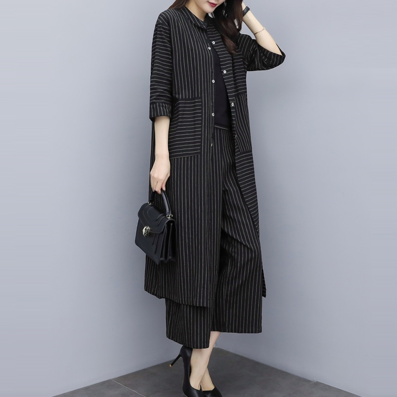 セットアップ レディース ロングシャツ＋ワイドパンツ 2点セット ツーピース 上下セット ストライプ