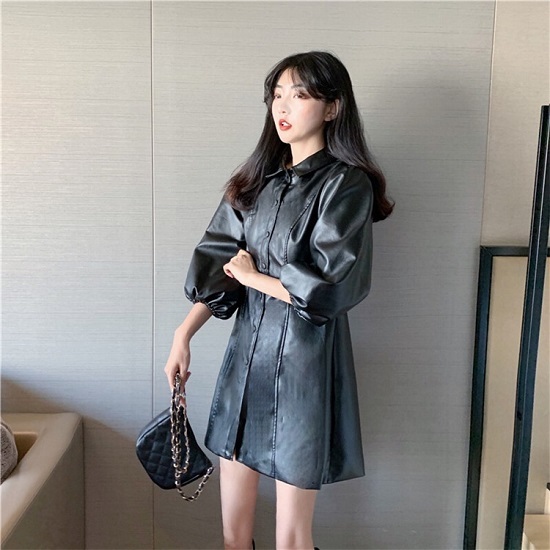 19 秋季 新品 韓国ファッション 気質 Pu革 長袖ワンピース 可愛い 上質感 レトロ ワンビース シンデレラクローゼット プチプラアパレル通販