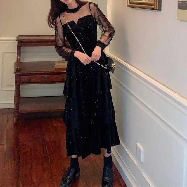 ティアード ワンピース パーティードレス ワンピース ドレス パーティー シースルー ロング丈 結婚式 発表会 謝恩会 卒業式 入学式 フェミニン 上品 きれいめ Op 0502 Y Happy Orurea ハッピーオルレア