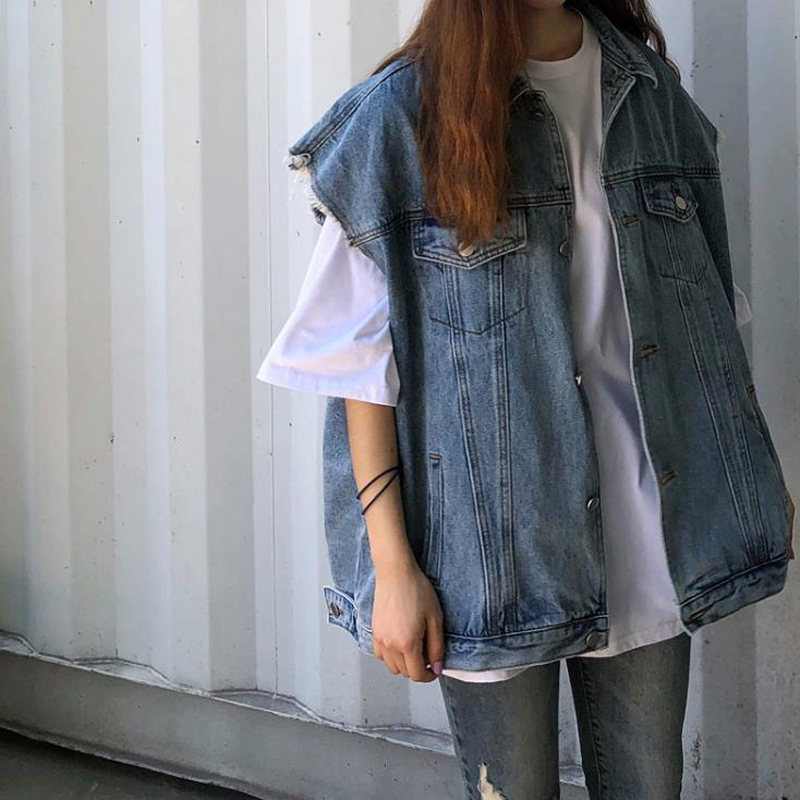 送料無料 トップス レディース ベスト デニム ノースリーブ ボリューム 無地 ブルー デニム 切りっぱなし カジュアル こなれ感 おしゃれ かっこいい ジーンズ ロング丈 オーバーサイズ 春 秋 10代 代 30代 カジュアル 女子 ゆったり 休日 デート トレンド 韓国