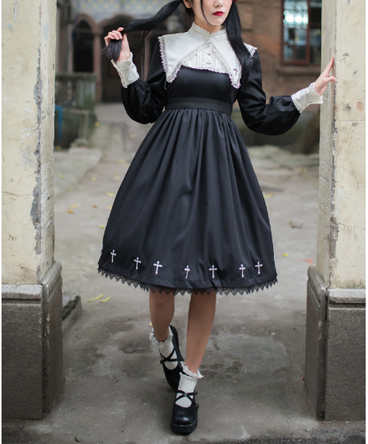 ゴスロリ 病みワンピース ドレス 十字架 レース フレアースカート ジャンパースカート メイド服 病み可愛い 耽美 ゴシック 原宿系