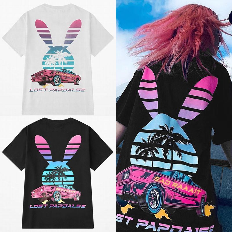 韓国ファッション Tシャツ ユニセックス 半袖 Tシャツ メンズ レディース うさぎモチーフ 英字 ヤシの木 車 プリント オーバーサイズ 大きいサイズ ルーズ ストリート