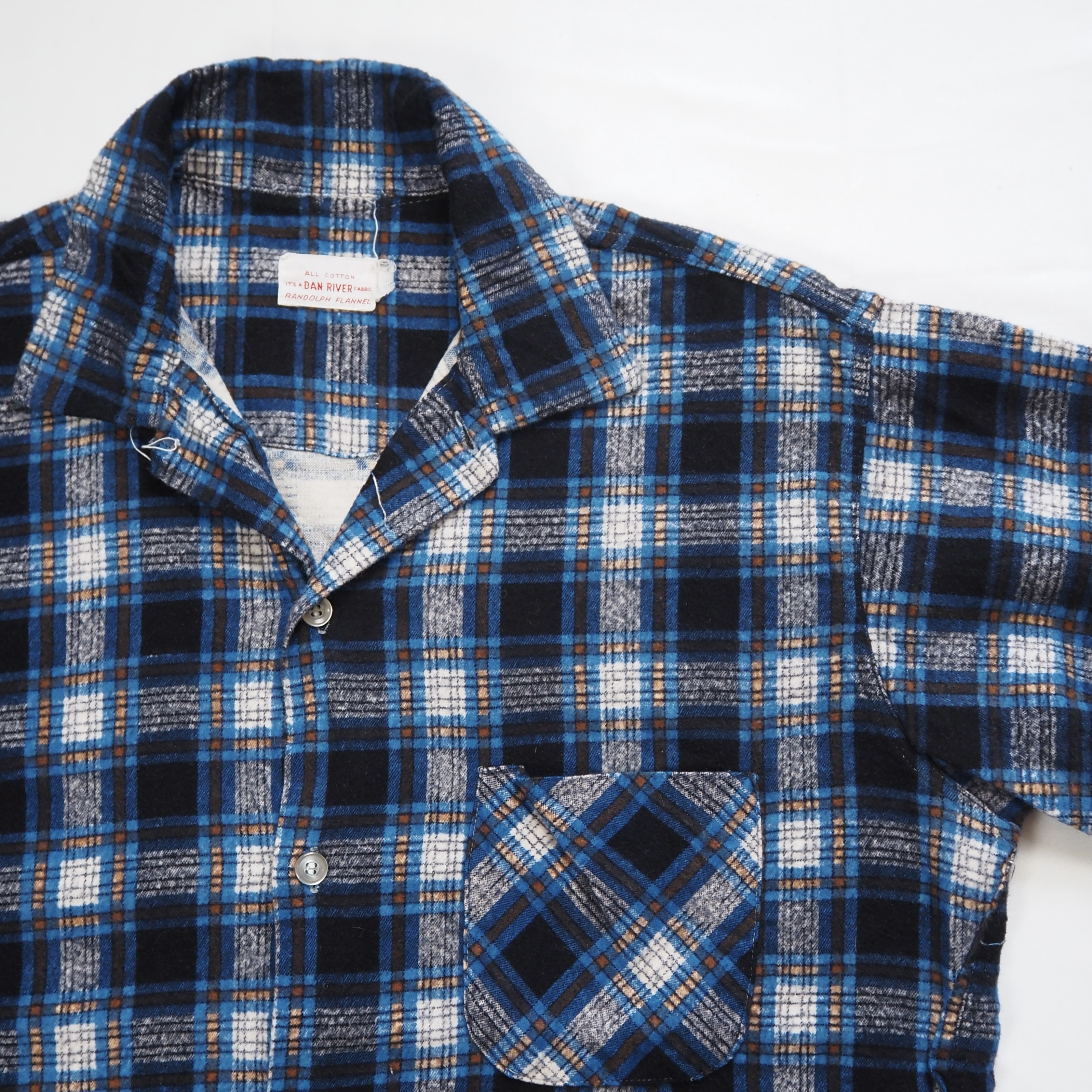 60’s Dan River Fabric プリントネル ブルー×ブラック  Mサイズ程度 の画像 5