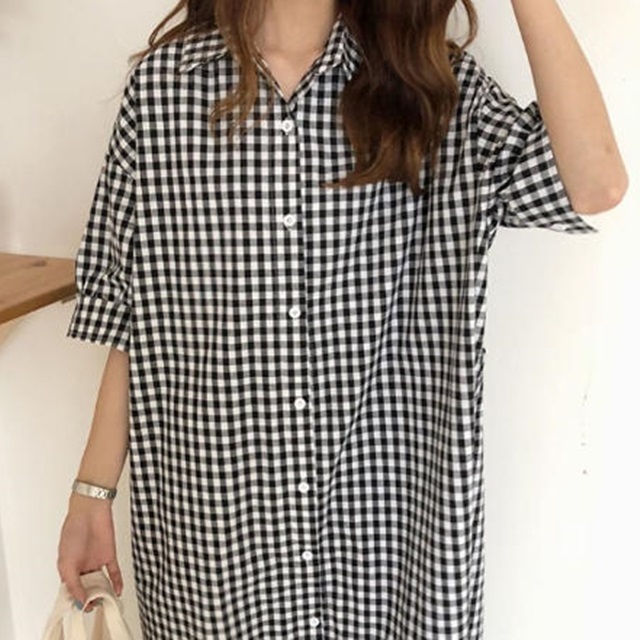 送料無料 ギンガムチェック ワンピース シャツワンピース 羽織 アウター ロング マキシ丈 ギンガムチェック 半袖 シンプル ベーシック カジュアル ガーリー 半袖 体型カバー ゆったり 着痩せ デイリー 着回し お出かけ デート 夏コーデ Op 104iu ワンピースコーデのお
