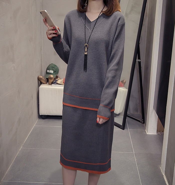 ワンピース セットアップ 上下セット ライン ニット セーター Vネック タイト ひざ丈 大人 上品 エレガント 長袖 秋 冬 大きいサイズ 代 30代 40代 50代 Ptngt0570 Shop Suba